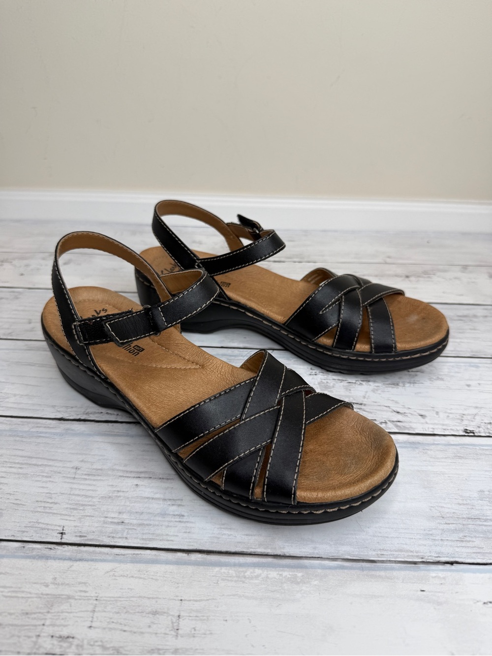 Clarks Black Leather Cross-Strap Sandals with Ankle Buckle
